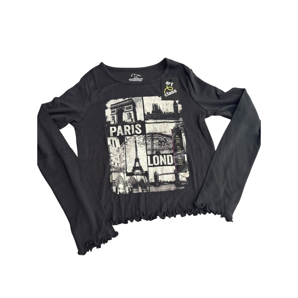 Art Class Girls Paris London Graphic Tee Long Sleeve‎ Black Lettuce Edge XL 14